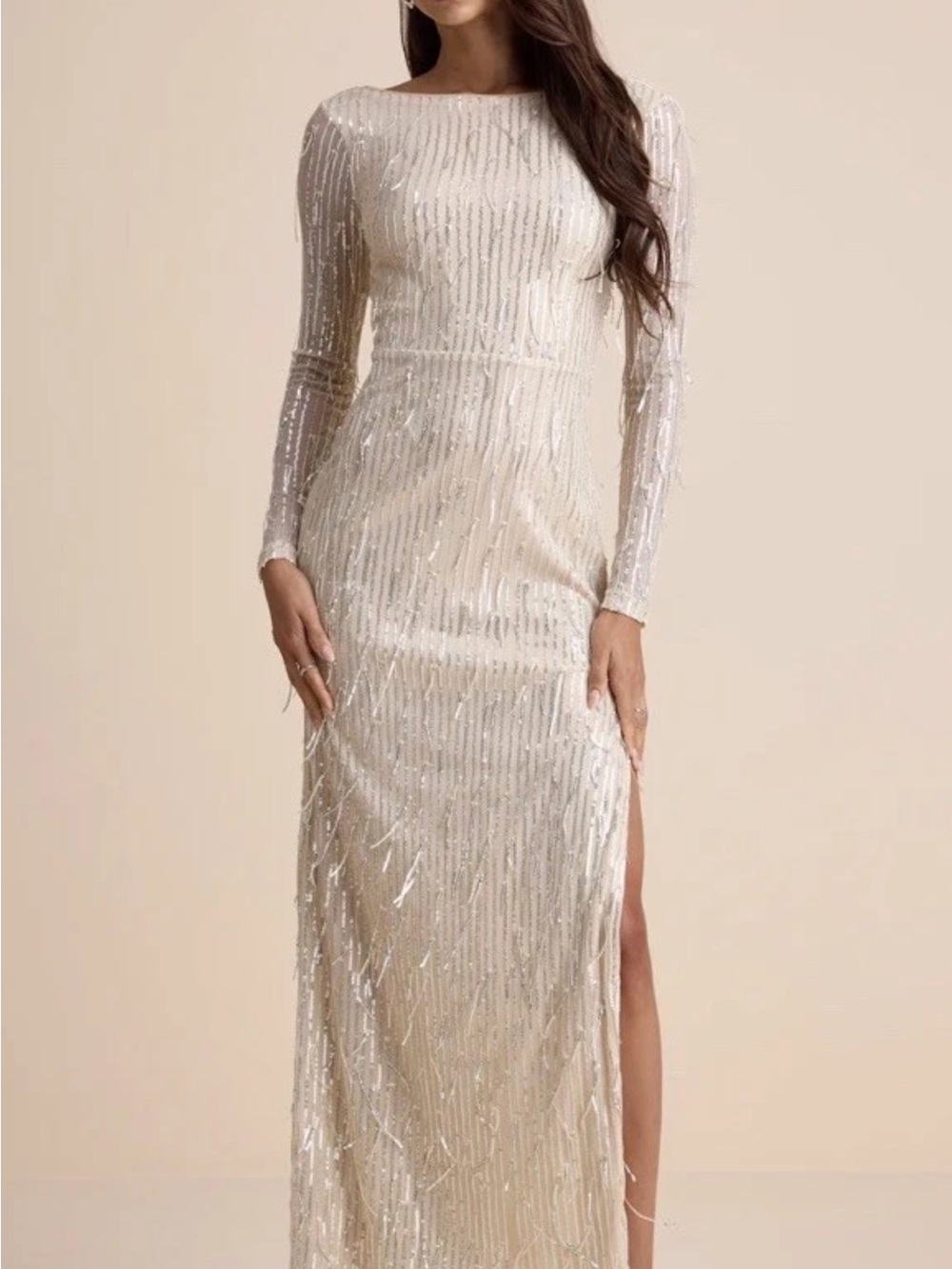 NWT Lulus Silver Sequin Mesh Boat Neck Long Sleeve Open Back Gown Side Slit XS